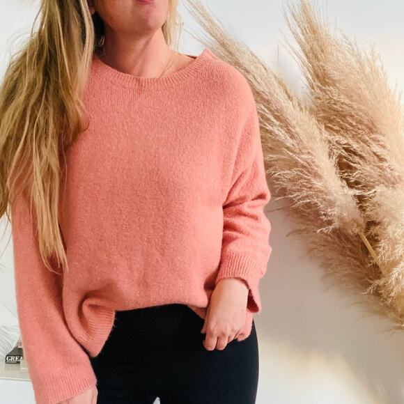 NORDSTROM Leith Pink Salmon Snap Collar Button Boxy Pullover Fuzzy Sweater Small - Picture 1 of 8